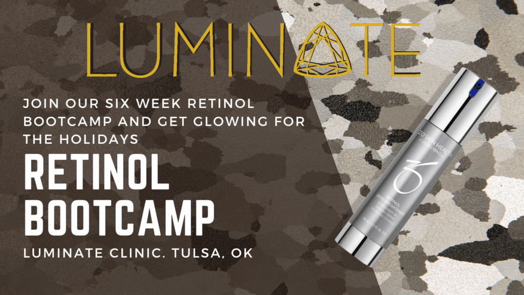 Luminate logo and title of blog on camo background with image of ZO Skin Health Retinol Bottle