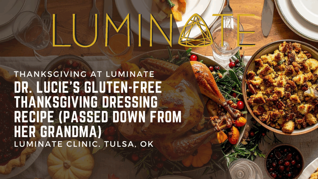 Thanksgiving table set with traditional thanksgiving foods including dressing